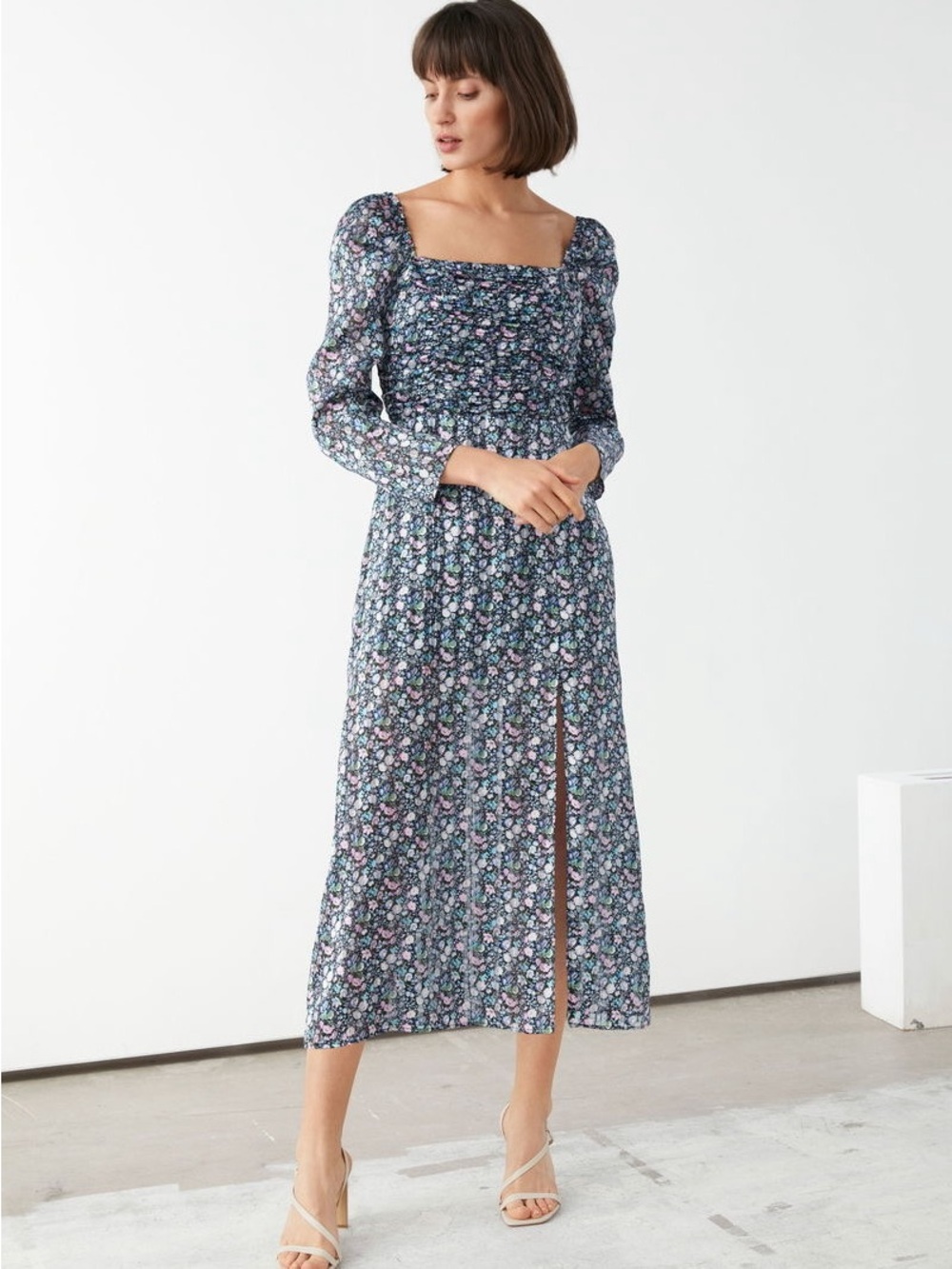 & Other Stories Square Neck Floral Midi Dress in Blue Size 12
